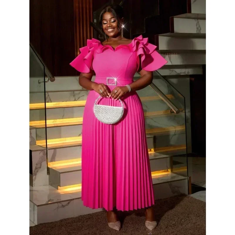 فستان نسائي أنيق طويل بطيات للحفلات المسائية مكشكش ورقبة دائرية وأكمام قصيرة وخصر عالي مع حزام لحفلات الزفاف للضيوف #3