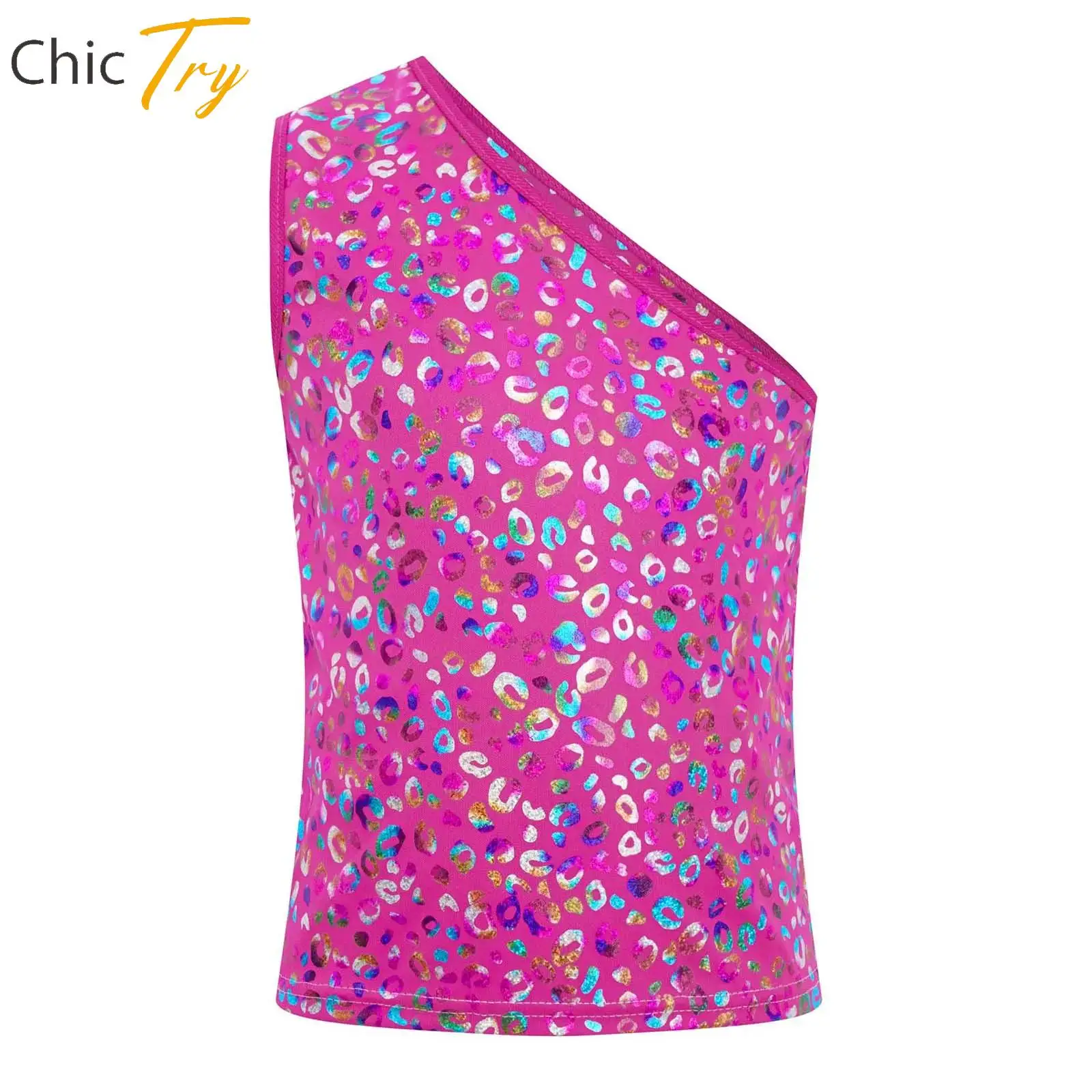 

Kids Girls Jazz Dance Cheerleading Performance Costumes Metallic Leopard Vest One Shoulder Sleeveless Tank Top for Stage Show