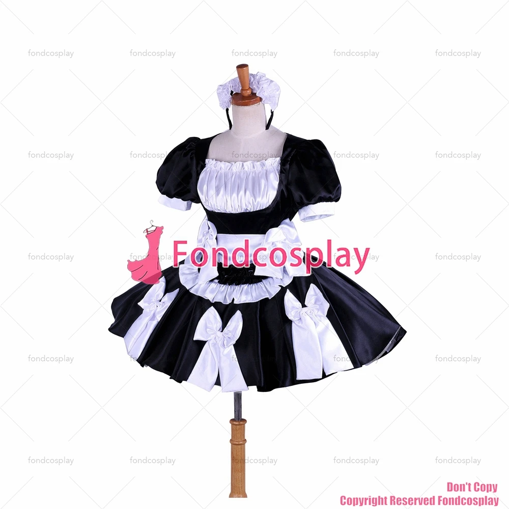 Fondcosplay adulto sexy cross dressing sissy maid nude petto bloccabile abito in raso nero uniforme grembiule CD/TV[G1619]