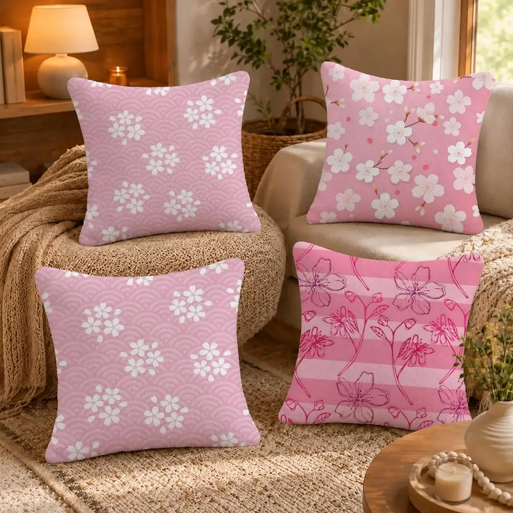 Sakura Cherry Blossom Seamless Cushion Cover Short-Plush Cushion Cover Pillowcase — Suitable for Sofas Bedrooms and Home Decor