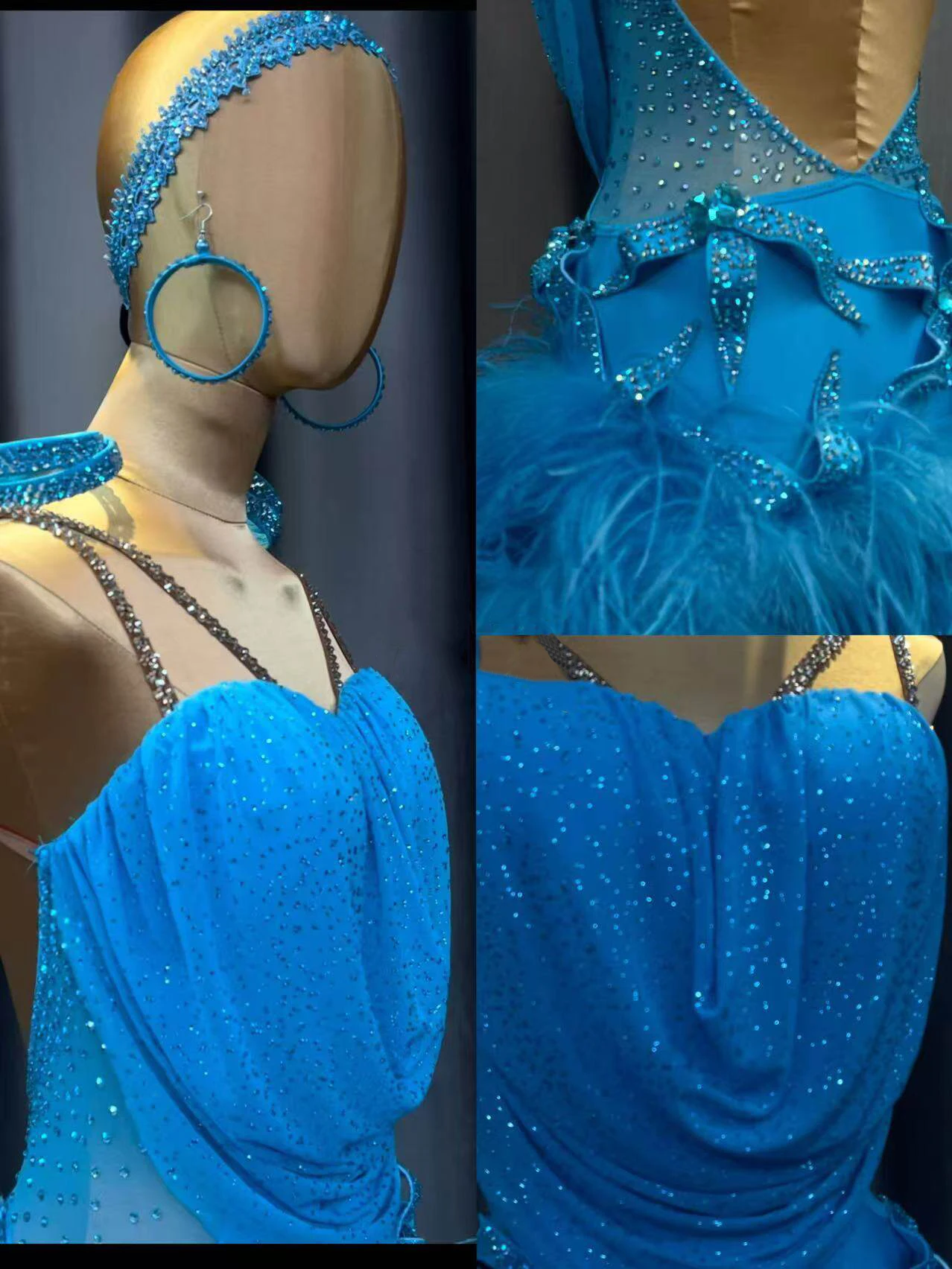 

Латинская танцовщица для взрослых и детей, элитное индивидуальное синее страусиное меховое пышное платье для выступлений из камня для танго, самбы