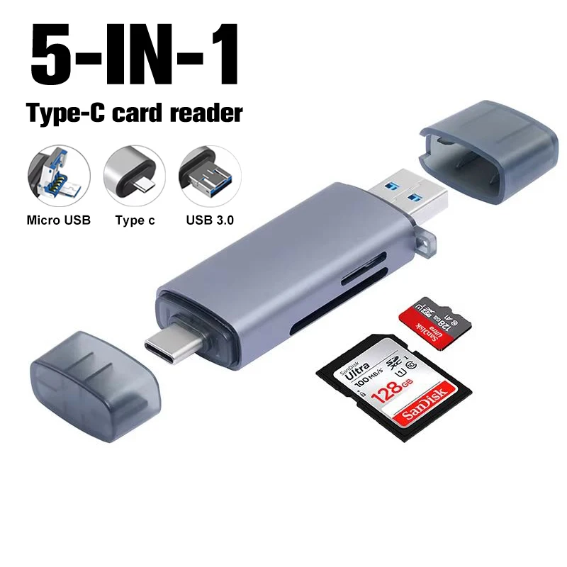 SD/TF Card Reader - USB 3.0 Type-C/Micro 5G bps Aluminum Alloy, Plug & Play for iPhone/for Samsung/for Xiaomi/for Huawei/PC