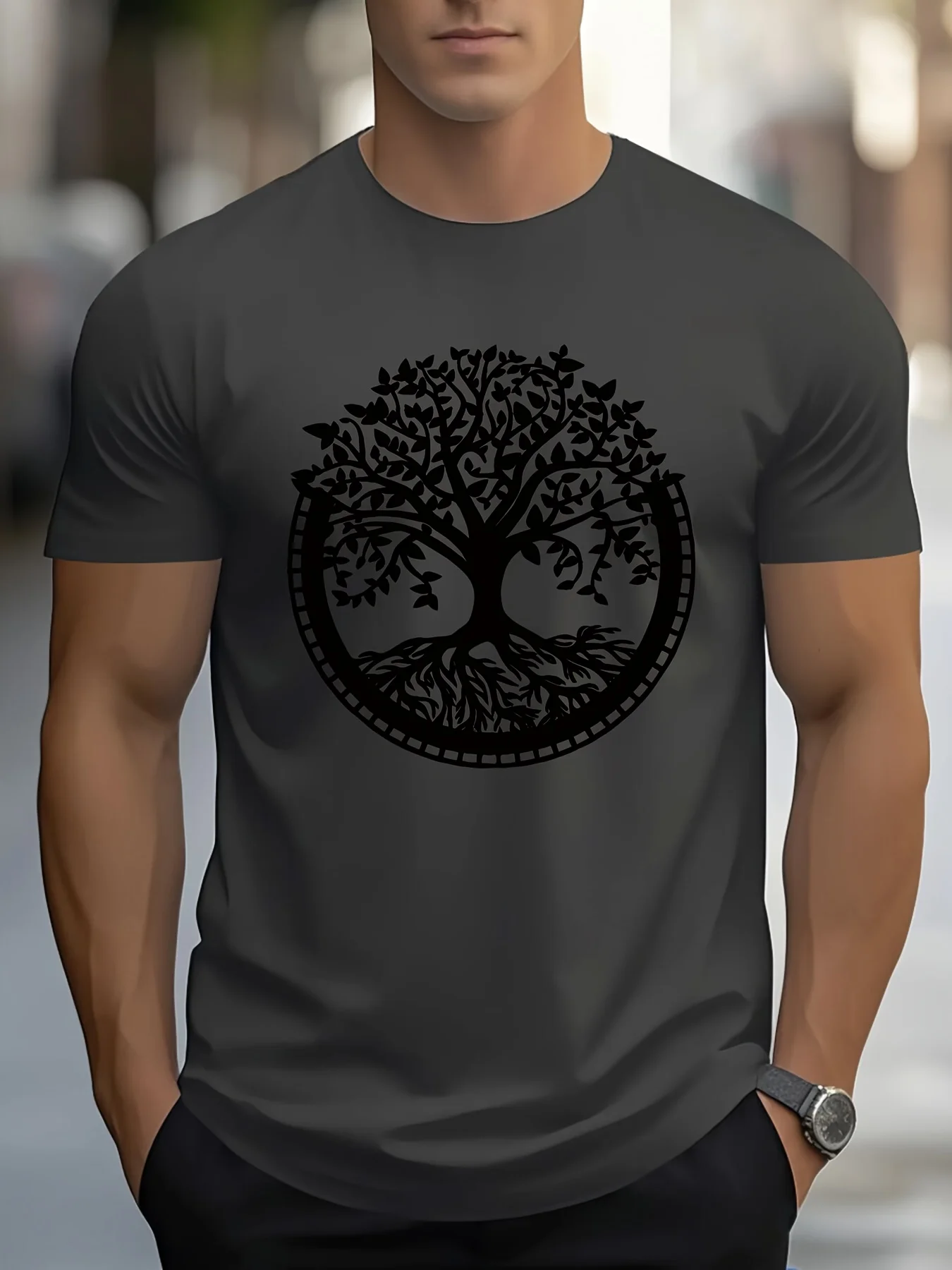 Trendy Summer Essential Dark Gray Tee with Mystical Tree of Life Design Made of 100% Cotton Comfortable and Lightweight for Men