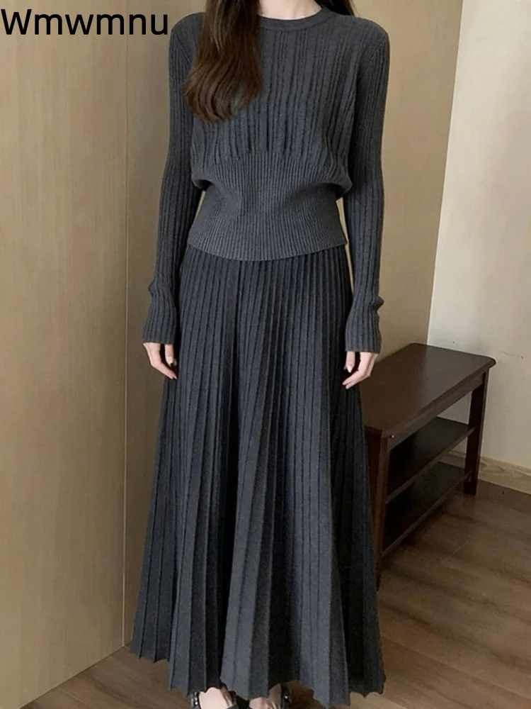 

Новый элегантный женский повседневный вязаный комплект в корейском стиле: свободный плиссированный костюм-двойка с круглым вырезом