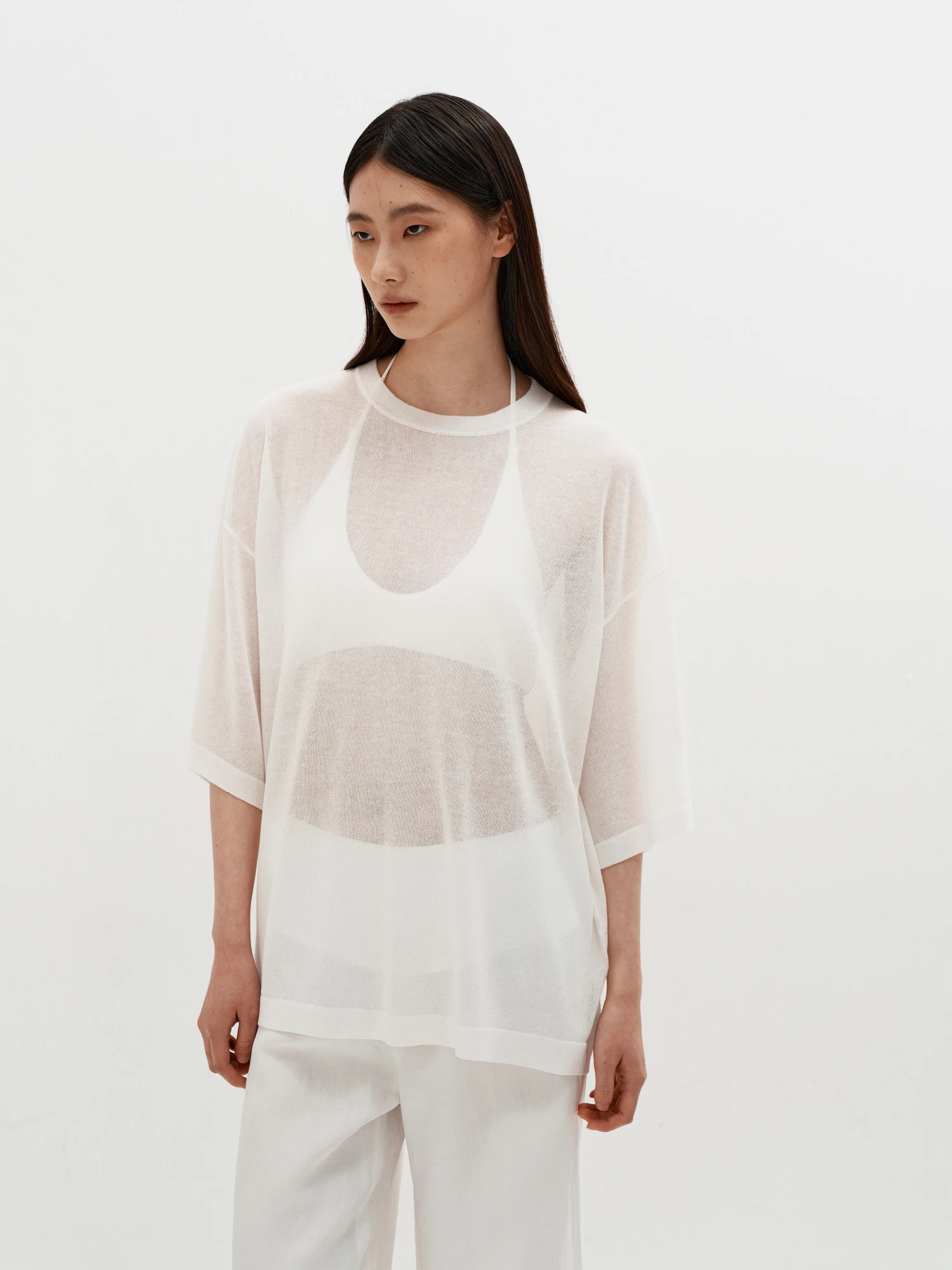 

Льняной вязаный свободный женский свитер MHV ARCHIVE: дышащий, повседневный, с круглым вырезом, удобный, приталенный топ