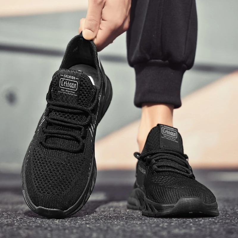

Летние мужские тканые сетчатые однотонные кроссовки на плоской подошве с низким берцем на шнуровке большого размера, однотонные повседневные спортивные кроссовки для бега на открытом воздухе