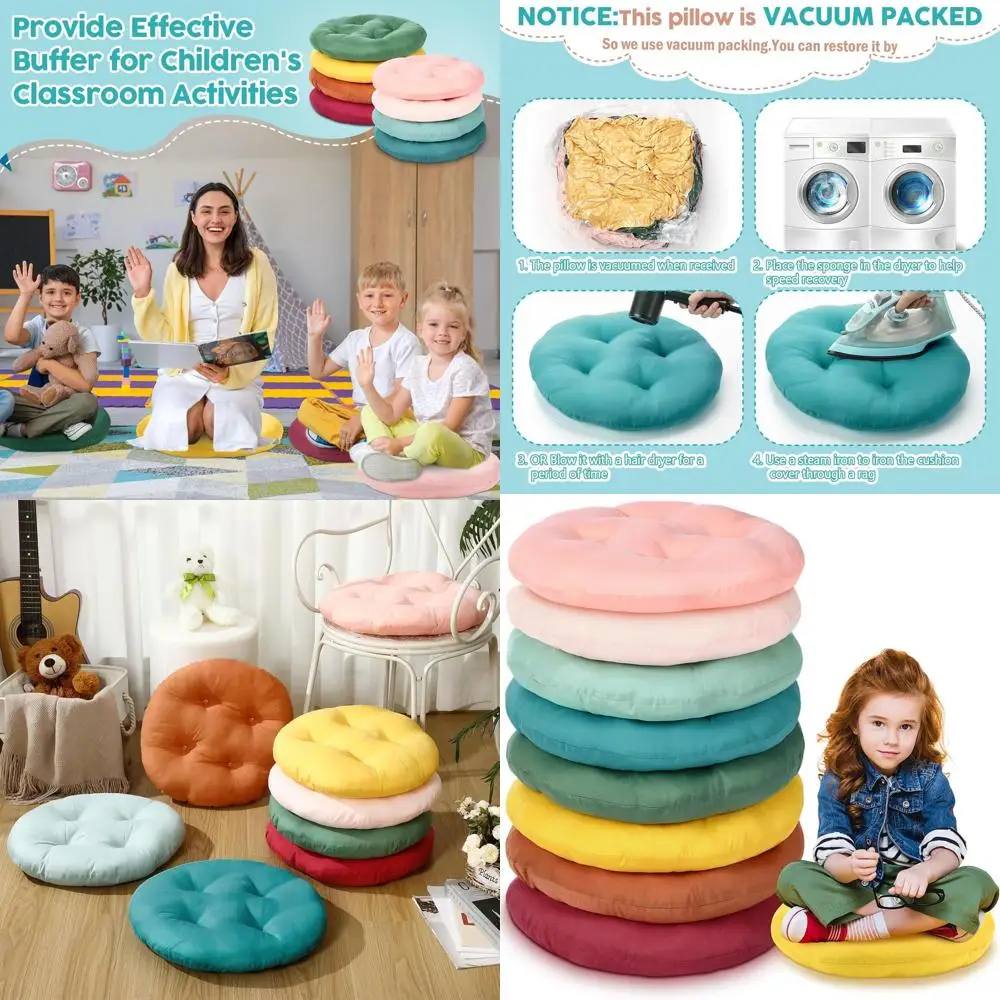 

16 Round Floor Cushions for Kids, Flexible Seating Solutions, 3.15 Thick, Neutral-Colored for Classroom, Daycare, and Meditation