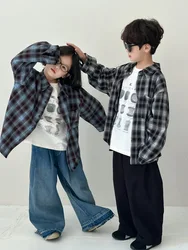 Children's Shirts 2024 Autumn New Korean Boys Girls Velvet Plaid Shirt Fashion Versatile Kids Casual Loose Long Sleeve Tops