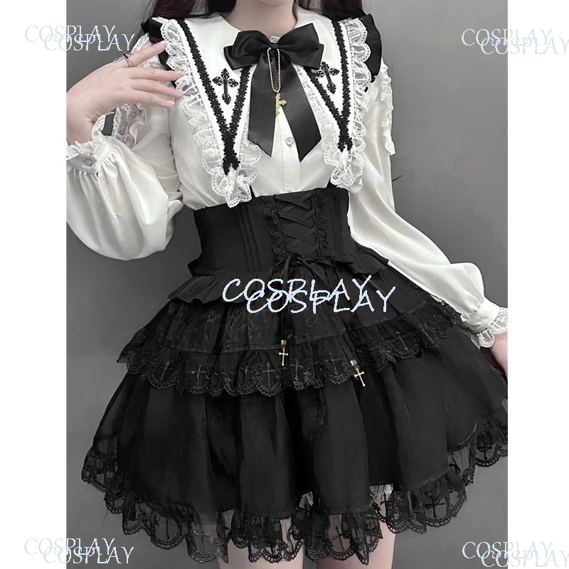 Jirai Kei Gothic Large Lapel Lolita Long Sleeve White Shirt High Waist Suspender Skirt 2-Piece Set Japanese Kawaii Lolita Outfit view 5