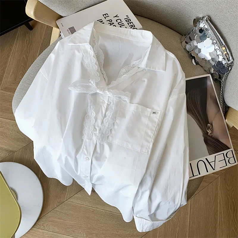 2025 جديد الصيف وهمية قطعتين قمصان المرأة عادية مقوس دانتيل طوق الشمس واقية المرأة بلوزة طويلة الأكمام المرأة بلايز