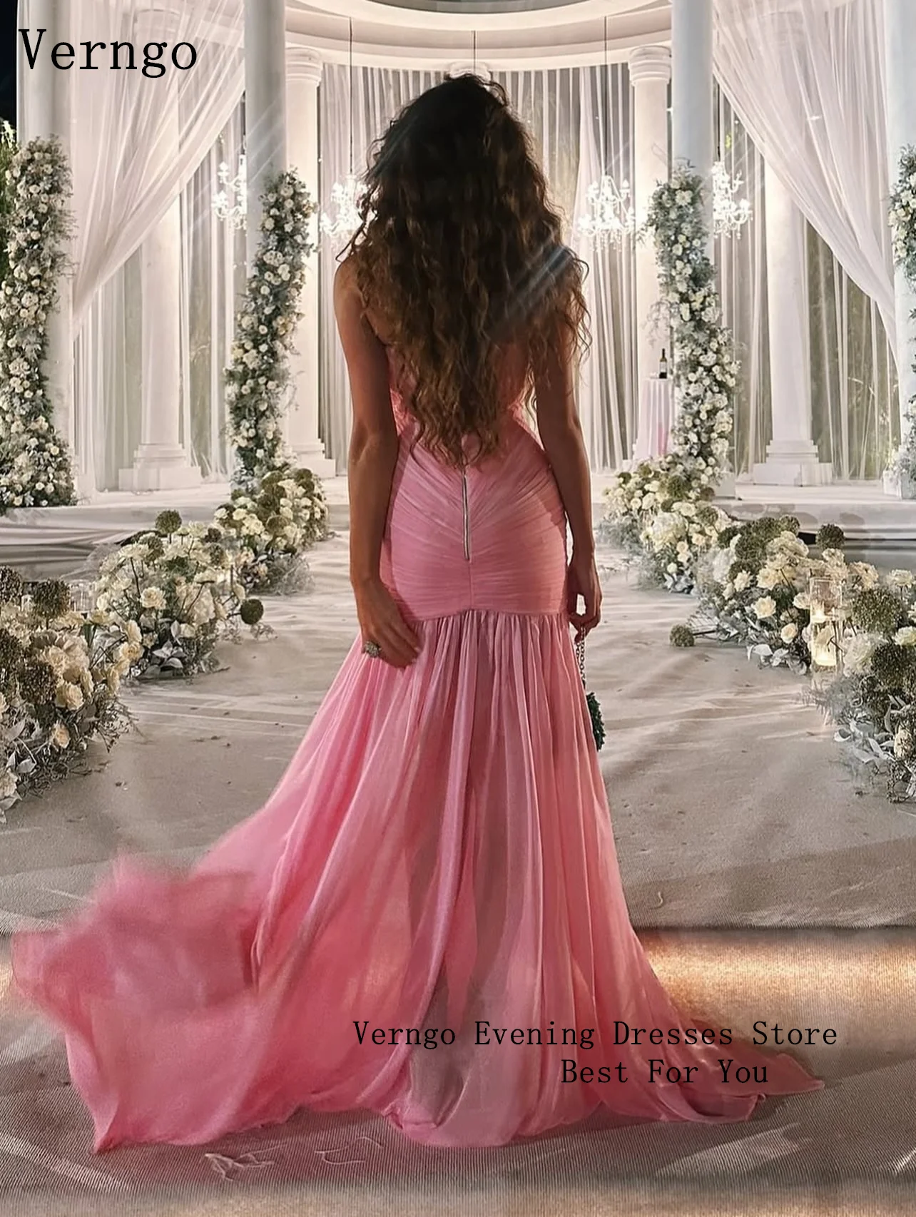 Verngo Rosa Abendkleid, elegantes, herzförmiges Maxi-Abschlussballkleid in A-Linie, fließendes, handgefaltetes Seiden-Abschlussball-Partykleid, individuell gestaltet