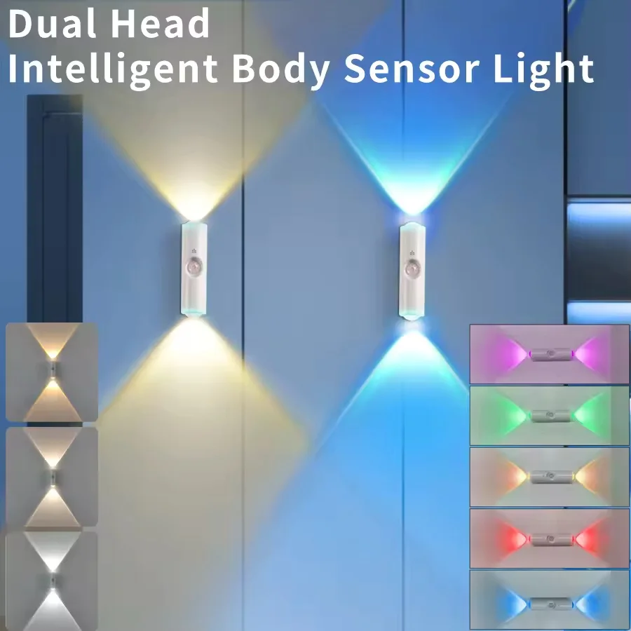 

Double-head Cabinet Lamp Under Kitchen Spotlight with Motion Sensor Tri Color White or RGB Optional Rechargeable Sunset Light