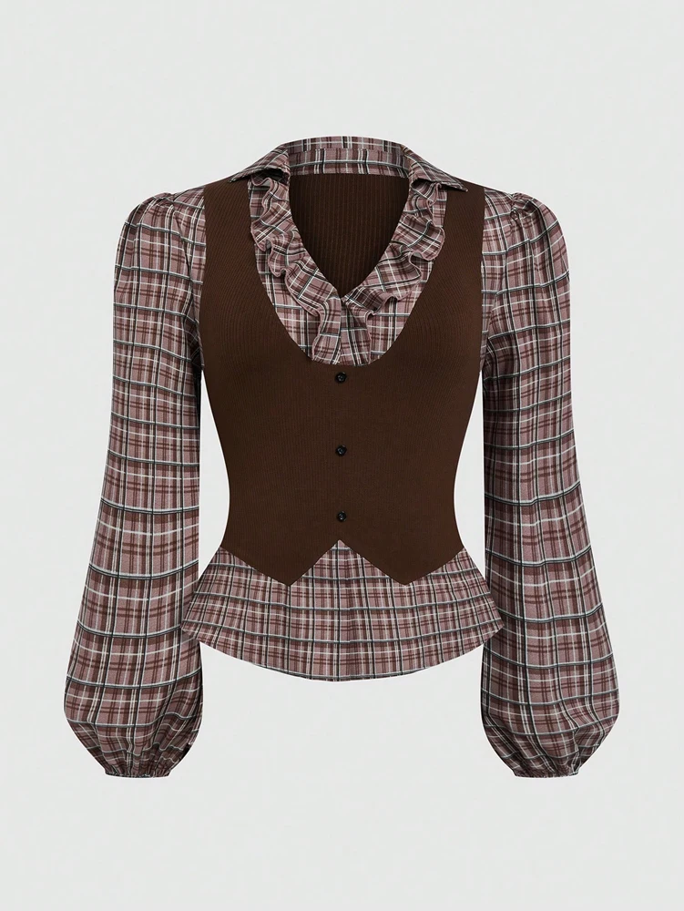 Übergrößen-Hemd mit Karomuster und Patchwork-Design – Retro, stilvoll und elegant – Herbst 2026 Neuankunft – Abendgarderobe – Detail 3