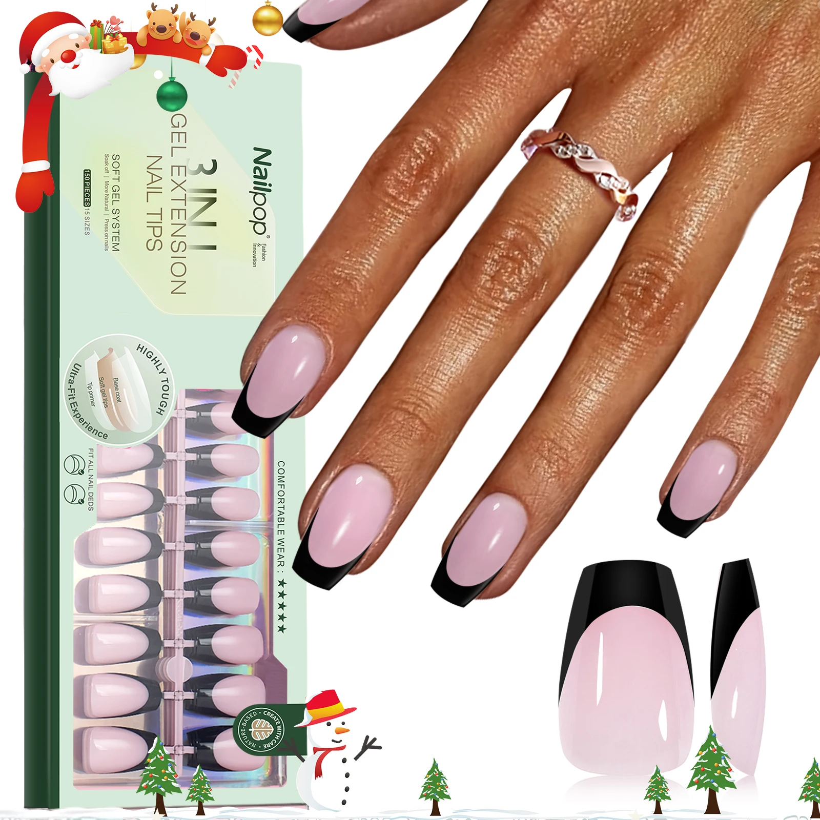

Nailpop 150 шт./кор. с черными краями, французские кончики ногтей, короткие конические миндалевидные квадратные искусственные кончики ногтей с полным покрытием