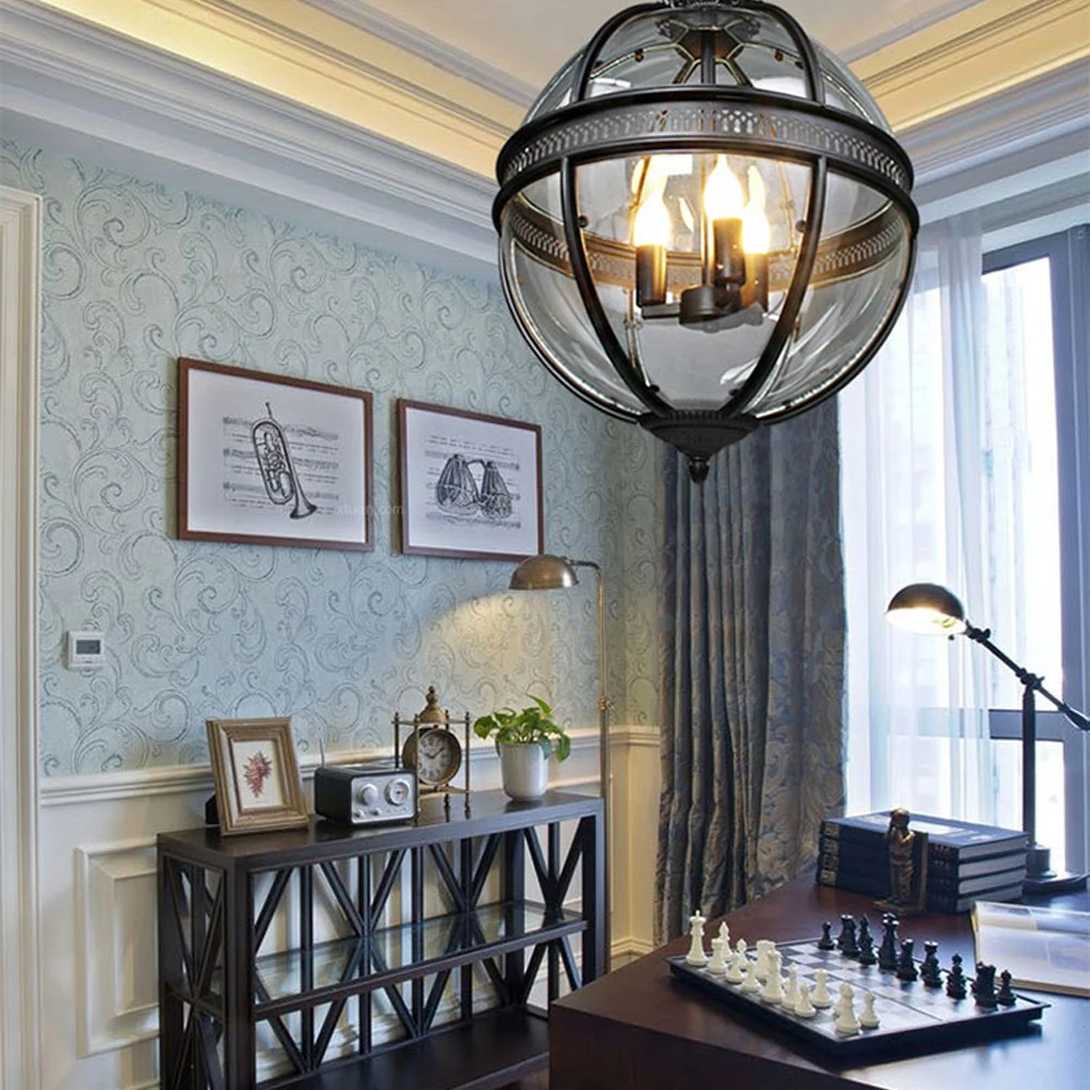 Led E14 Retro American Iron Glass Vintage Bronze Black Globe Chandelier Lighting Suspension Luminaire Lampen Lustre For Foyer