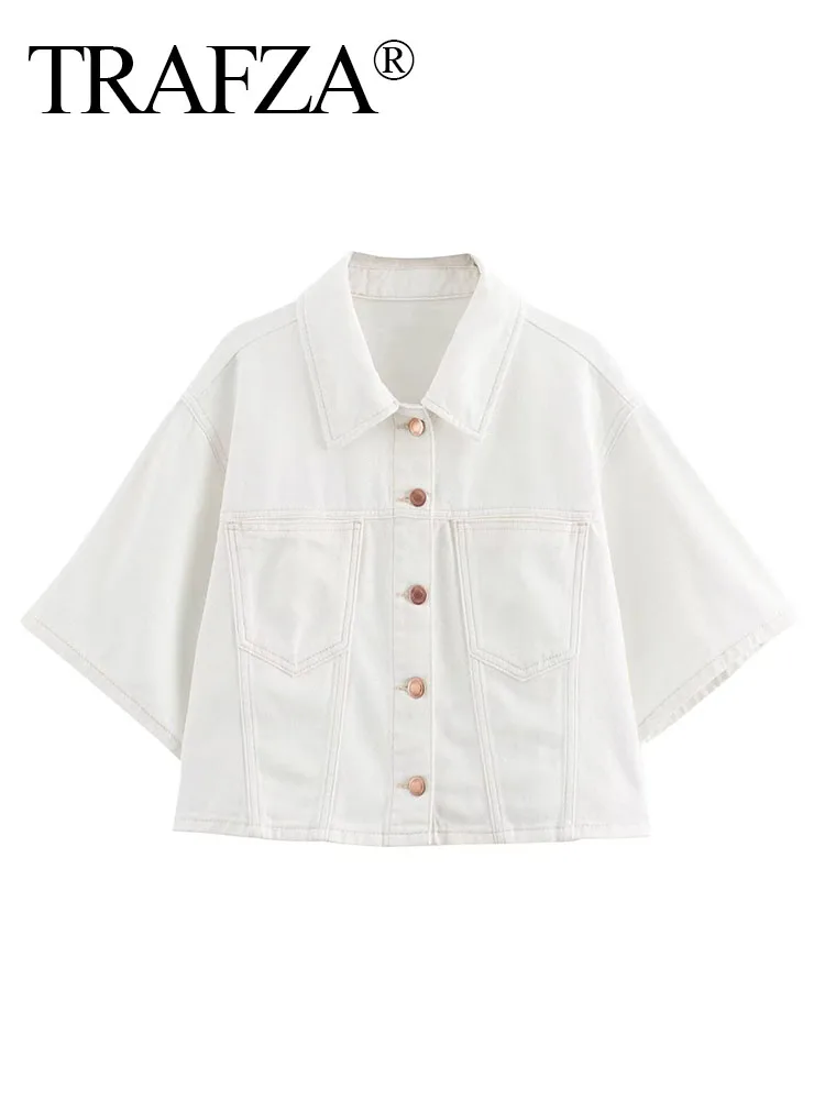 TRAFZA-abrigo vaquero de manga corta para mujer, cárdigan blanco con cuello vuelto y bolsillos salvajes, de una sola botonadura, a la moda, 2024