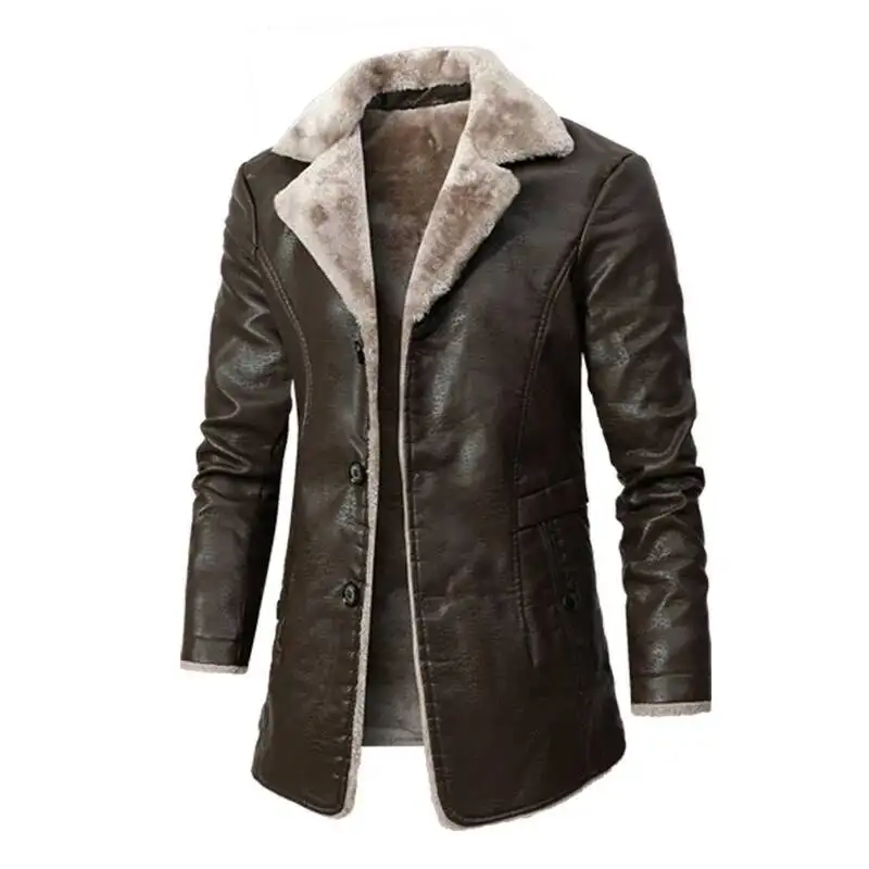 

Men Winter Long Thick Fleece PU Leather Jacket New Winter Fashion Suit Collar Men's Windbreaker Leather Jacket Coats
