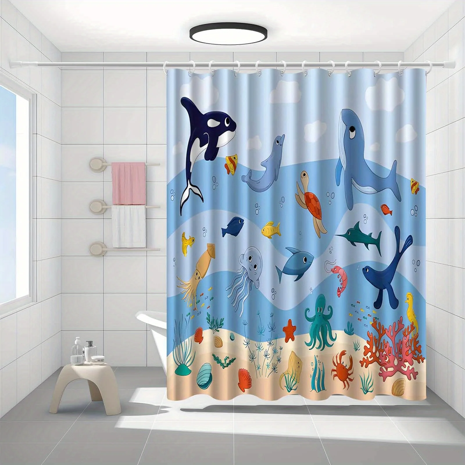 JIT1pcs Cute Cartoon Ocean Animals Shark Dolphin Octopus Jellyfish Seahorse Shell Pattern Shower Curtain, High End Elegant Bathr