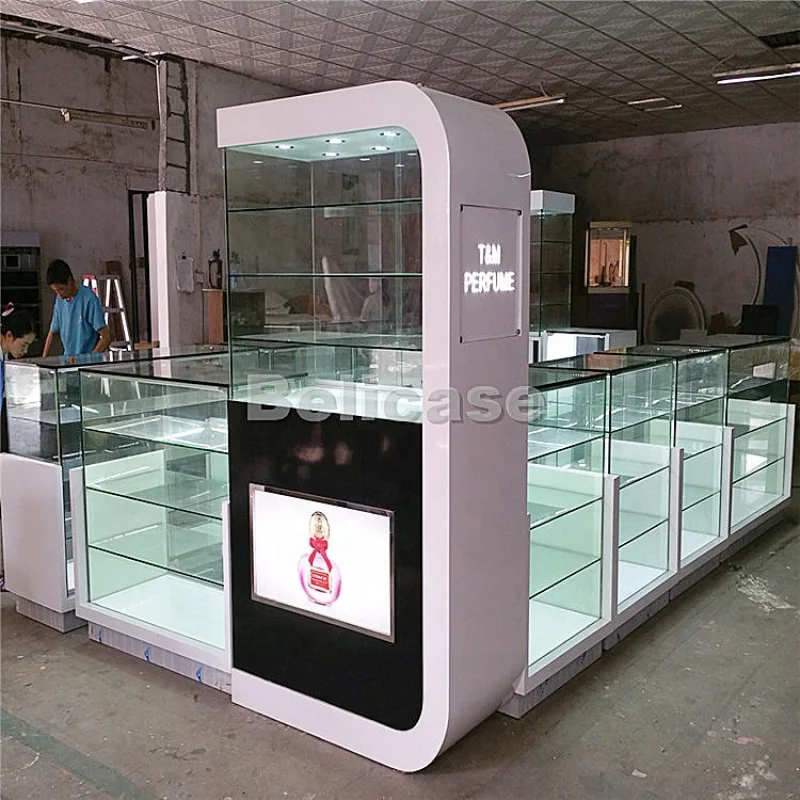 

Custom. China factory custom glass perfume store display cabinet with led light island shop modern perfume kiosk for mall