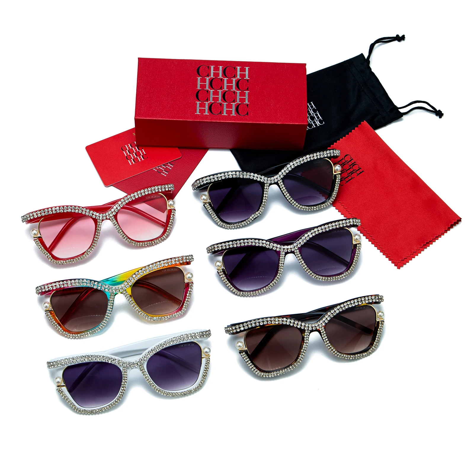 

Luxury Rhinestone Pearl Cat Eye Sunglasses Vintage Evening Decoration Red Carpet Gift Women Red Box