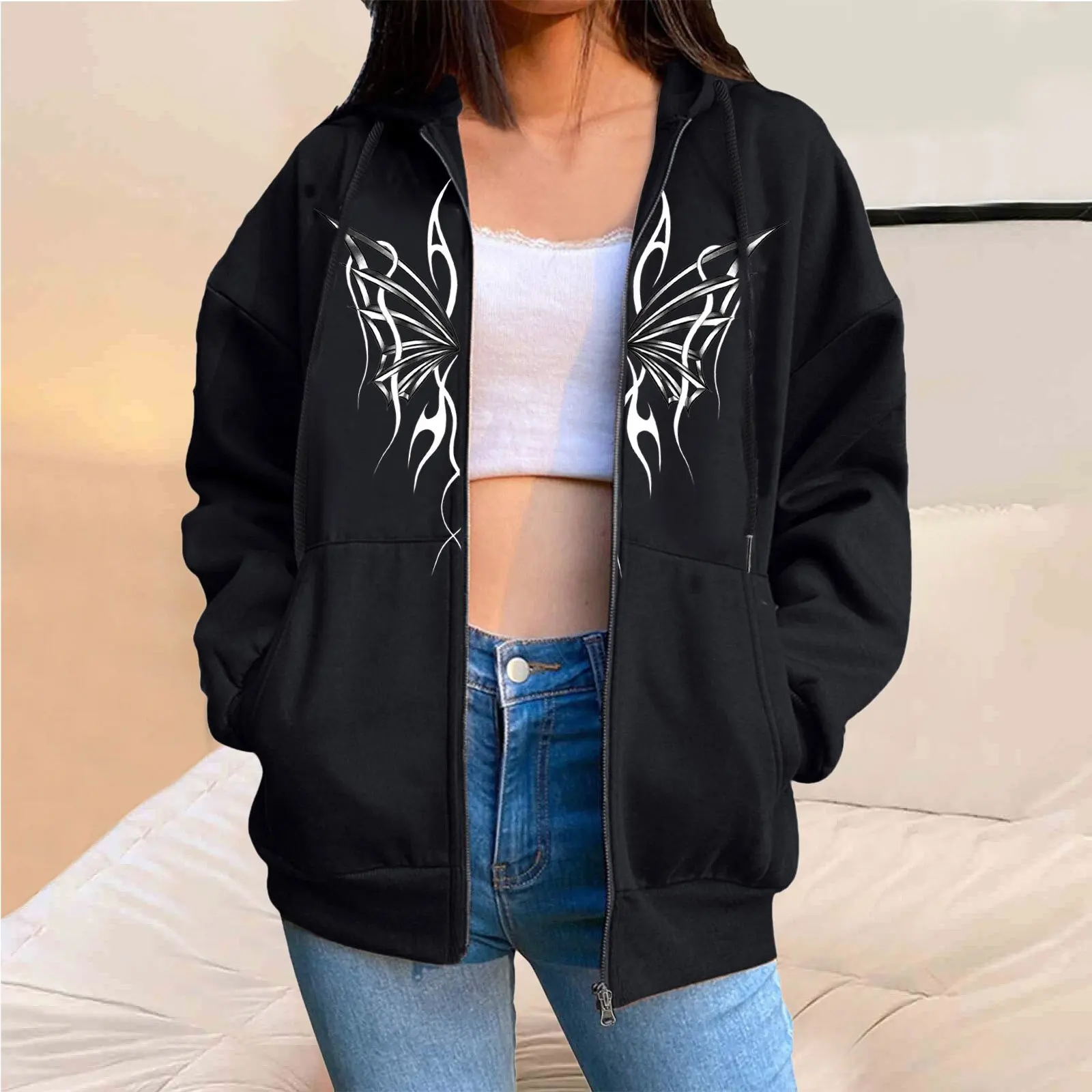 Gothic Oversized Hoodie Long Sleeve Harajuku Skeleton Sweatshirt Women Y2K Aesthetic Hip Hop Streetwear Vintage Zip Up Clothes