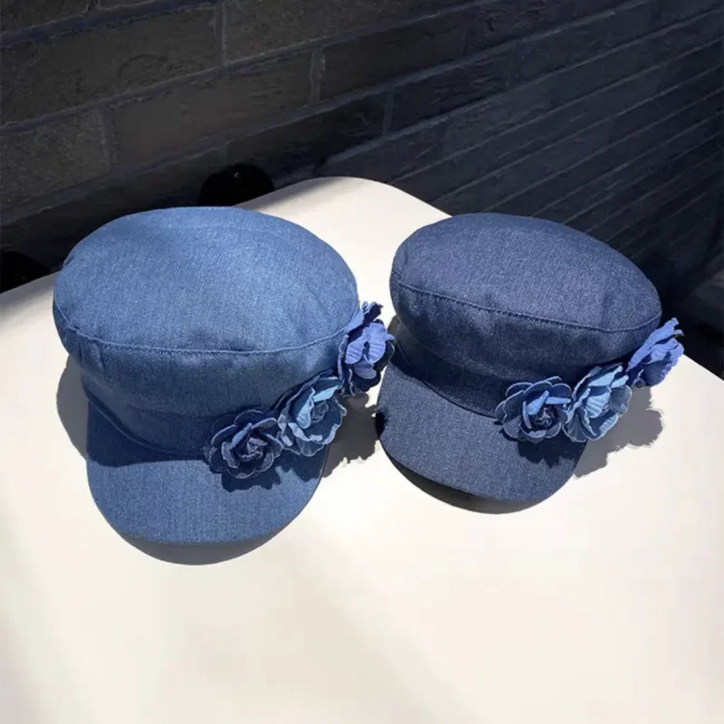 Luxury Brand Designer Jean Camellia Flowers Embellished Bakerboy Hat Women Classy Washed Denim Flat Military Newsboy Cap