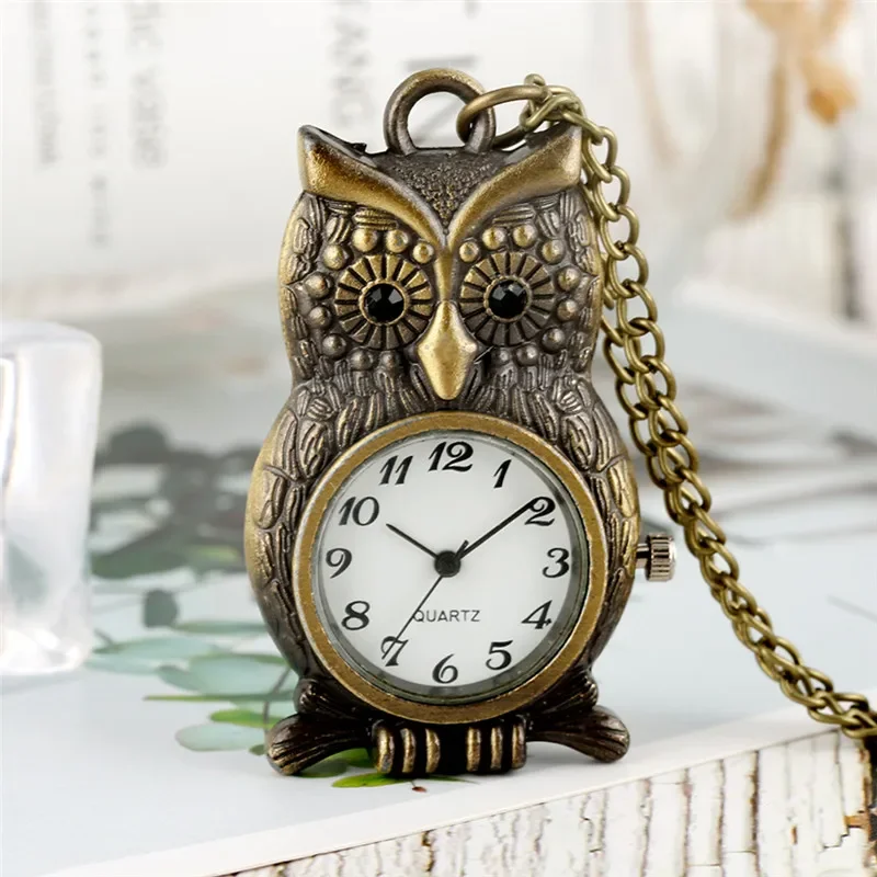 Vintage Style Animal Owl Shape Design Men Women Quartz Analog Pocket Watch Arabic Number Display Necklace Chain Clock To Kids