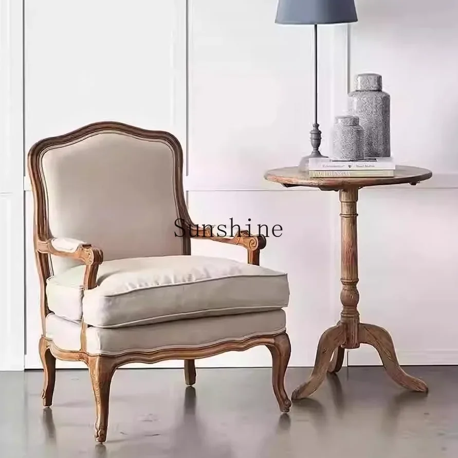 

American retro old living room solid wood braided rattan single sofa chair FT