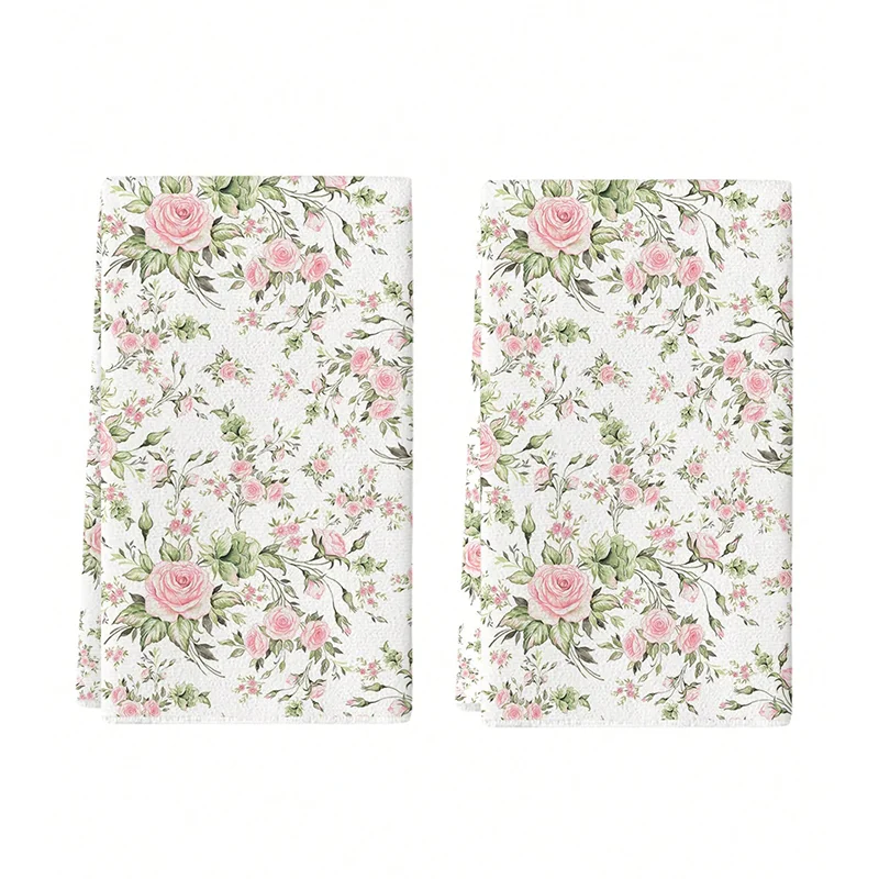 2Pcs, French-Style Romantic Pink Rose Kitchen Towels, 40Cm*60Cm Towel Set, Super Absorbent Soft Cleaning Cloth, Cooking and Baking Tea Towel, Hand Towel, Cleaning Cloth, Dishcloth, Kitchen Decoration, Living Room Decorations, Kitchen Essentials, Home Essentials