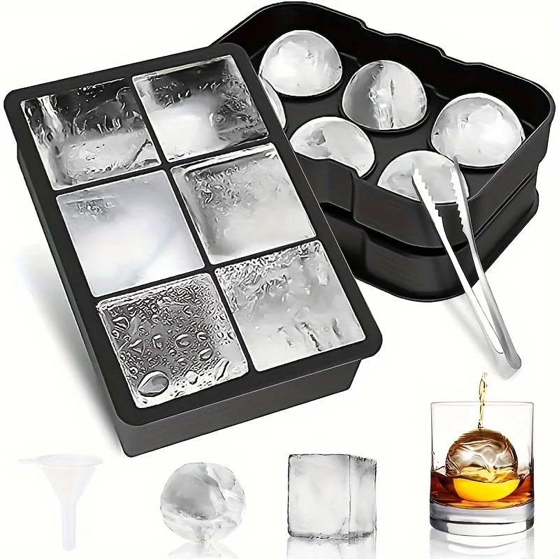 2pcs Ice Cube Tray, Silicone Ball Ice Cube Maker With Lid And Large Square Ice Cube Mold For Making Drinks And Storing Food, Sui