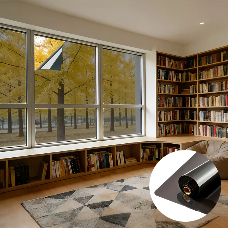 Black Silver Privacy Window Film Non Adhesive Heat Control Cuttable Removable UV Block for Balcony Bedroom Office Glass
