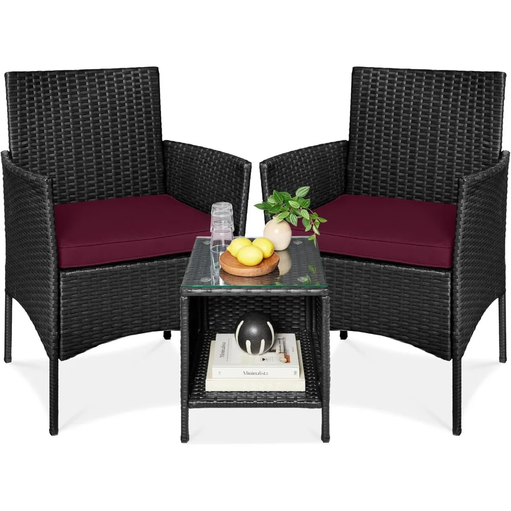 

3-piece outdoor wicker conversation small bar set, space saving garden terrace furniture with side table