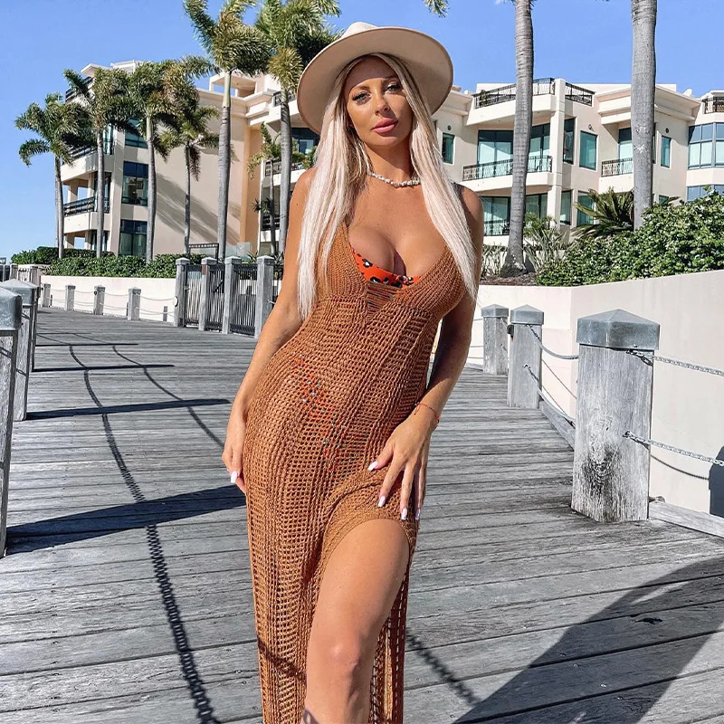 Biała tunika szydełkowa Nowa seksowna sukienka maxi na ramiączkach spaghetti z wycięciami, obcisła, damska odzież letnia, strój plażowy, narzutka na strój kąpielowy A1260