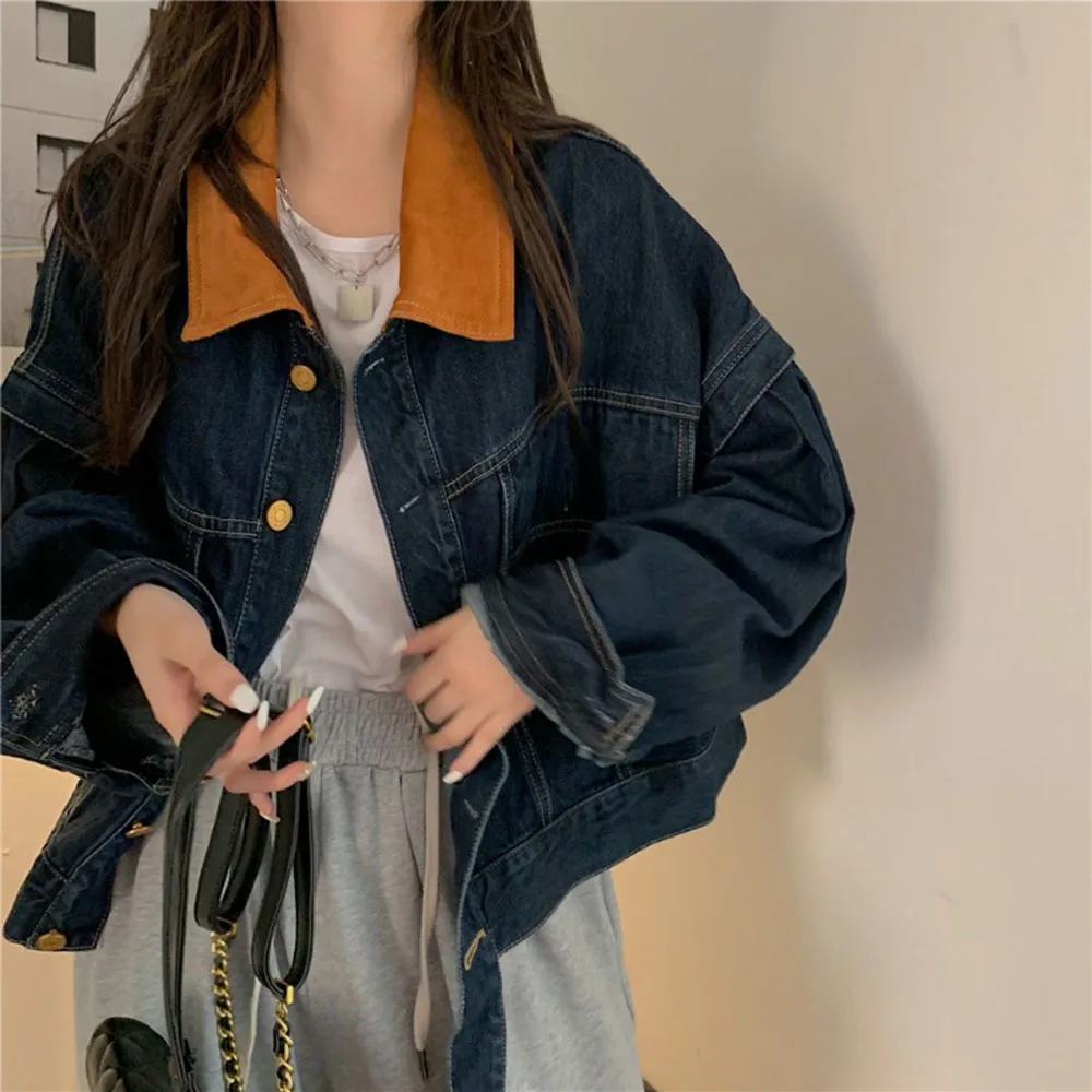 

Autumn Vintage Corduroy Turn-down Collar Denim Jacket Women Korean Cropped Jean Coat Casual Outwear Loose Chaqueta vaquero mujer