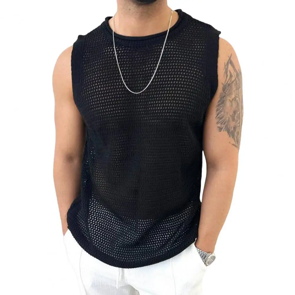 

Men Vest Round Neck Sleeveless Summer Breathable Vest Solid Color Hollow Knitting Tops Fitness Home Wear