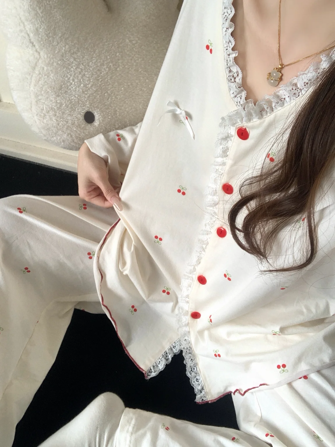 スイートチェリースプライスレース純綿寝間着生地綿00-女性用新作2026秋春ホームウェアvネック長袖