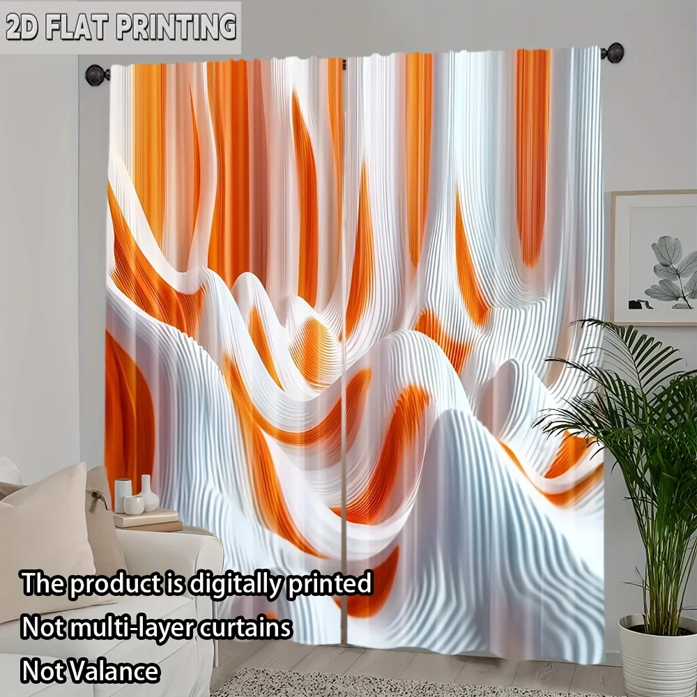 2PCS Digital Print Curtains, Orange White Abstract Wave Flowing Line Pattern, Modern Art Fluid Style for Bedroom ／ Creative