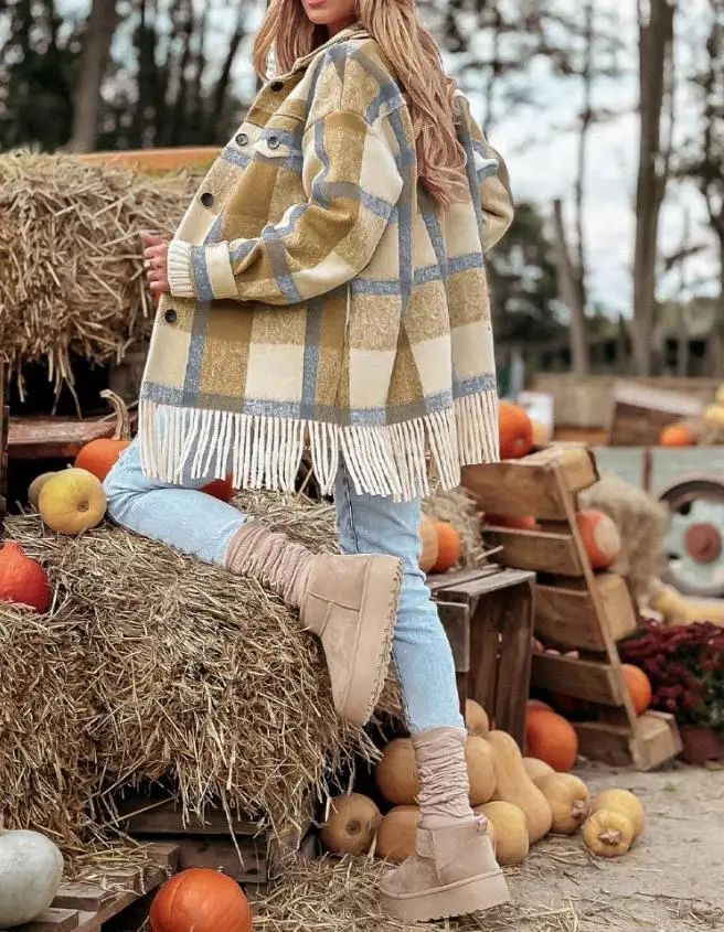 Women's Grid Print Lapel Button Front Fringe Casual Coat Autumn/Winter New Fashion Detail Coat