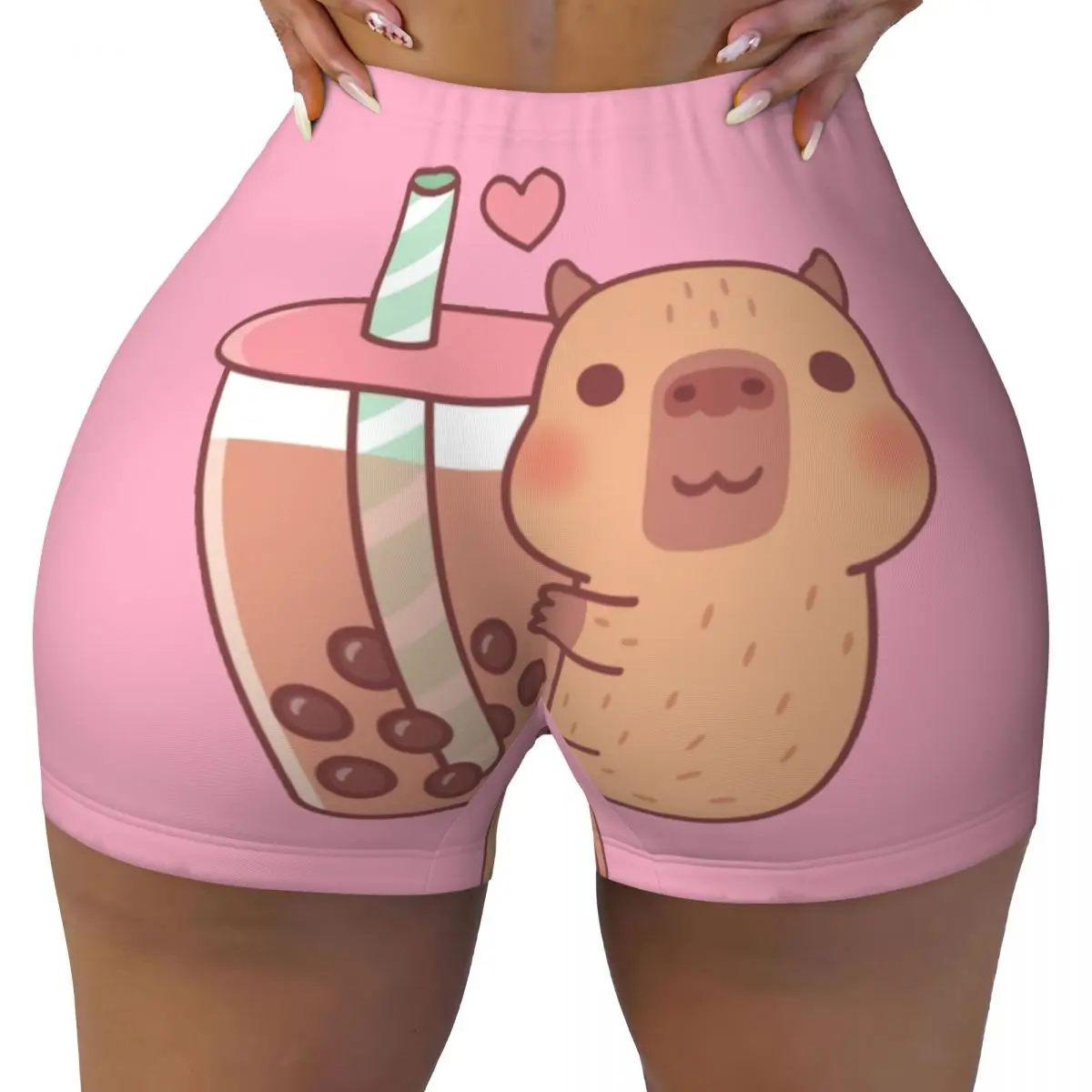 Custom Cute Little Capybara Hugs Bubble Tea Volleyball Biker Gym Shorts Women Athletic Workout Yoga Shorts