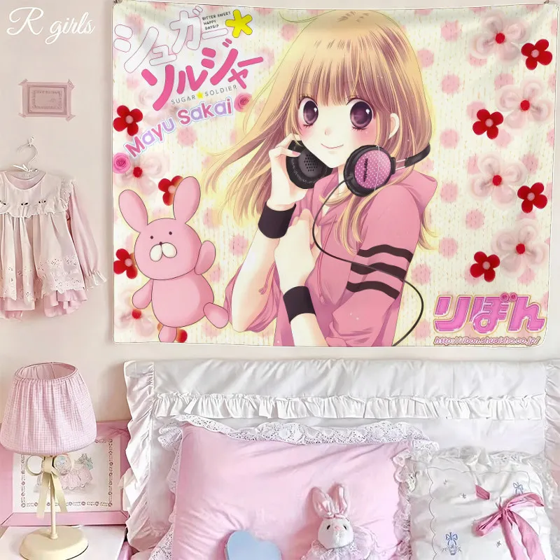 VIKAMA Kawaii Sugar Soldier Anime Girl Tapestry Striped Sailor Uniform Cartoon Wall Hanging Cute Bedroom Dorm Decor