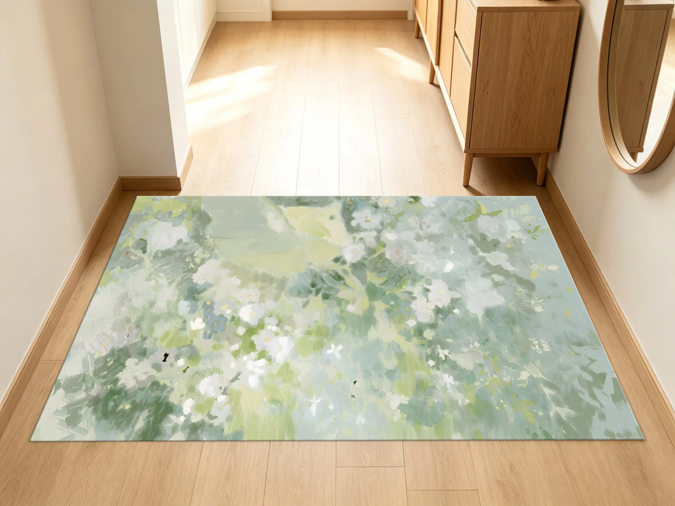 A Light Green Oil Painting with Floral Patterns Creates a Fresh and Soothing Springtime Feel, Perfect for Bedrooms, Living Rooms, and Bay Windows A Velvet Rug Can Also Be Used to Create a Soft and Relaxing Home Atmosphere.