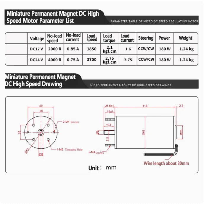 180W 12V 2000rpm 24V 4000rpm DC Motor 63120 High Speed High Torque Micro Motor Adjustable Speed Can CW CCW