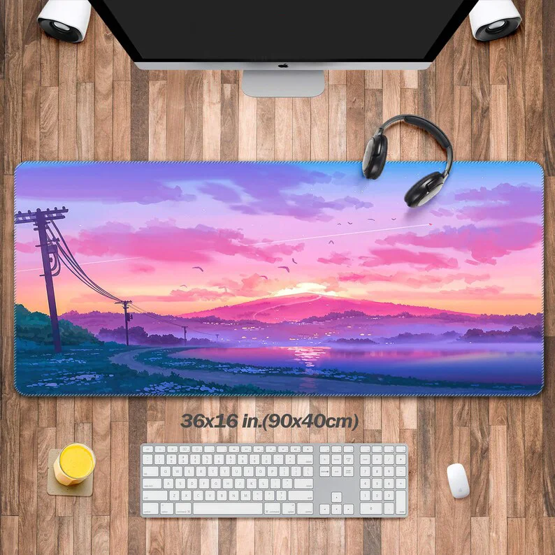 

Sunset Cute Drawing Desk Mat, Colorful Nature Landscape Clouds Mouse Pad, Cute Desk Pad, Kawaii Extended Anime Keyboard Mat