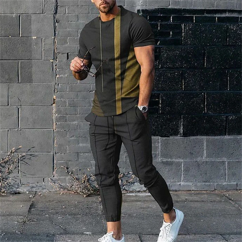 Fashion Colorful Blocks 3D Print Men Sportswear Set Short-Sleeved T Shirt Pants 2-Piece Set Oversized Pullover Men Clothing