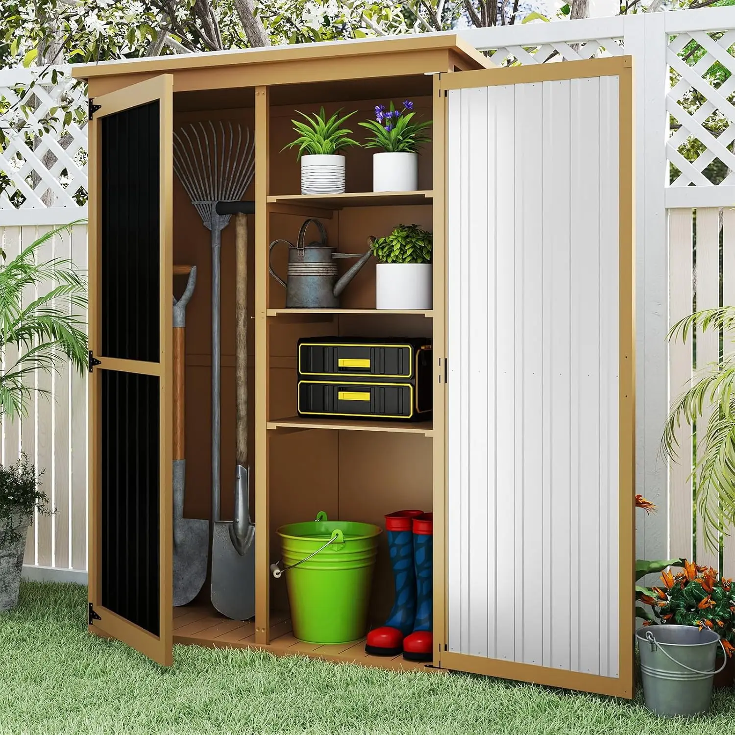Wood Metal Outdoor Storage Shed Lockable Waterproof Sloping Roof Adjustable Shelf Patio Backyard Garden Tool, Customized