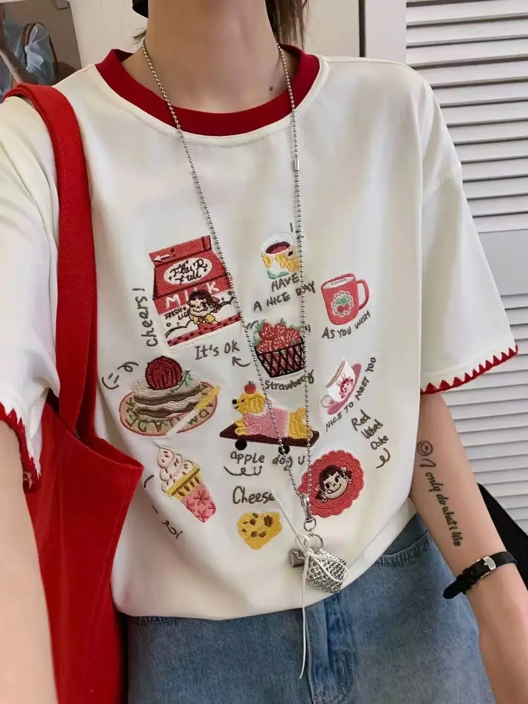 Japan Cute Food Cartoon Embroidery T Shirts Cotton Lolita Style Korean Women Girls Summer Top Y2K Harajuku Loose Casual Kawaii