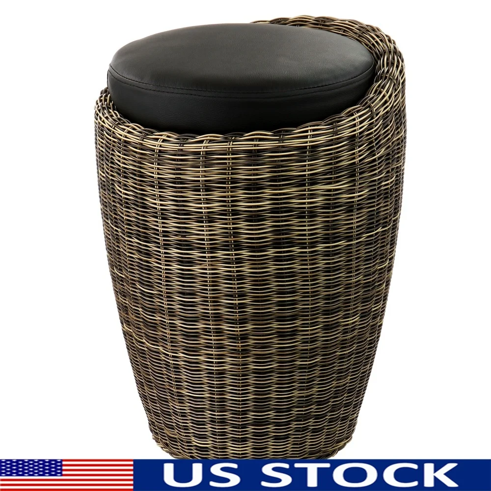 

Wicker Outdoor Ottoman Chair with Removable Faux Leather Cushion Lightweight Indoor Outdoor Stool Comfortable Accent Piece