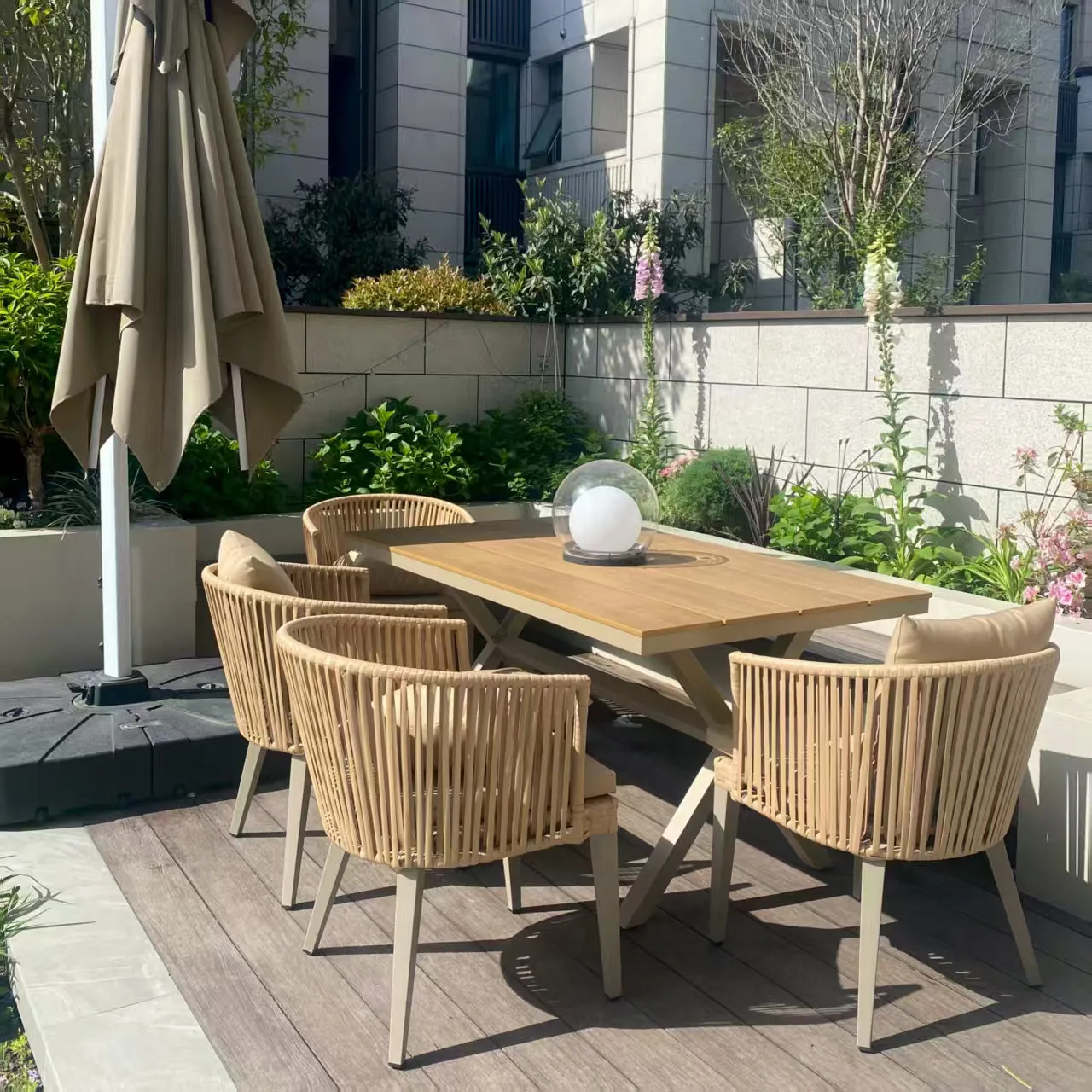 Outdoor leisure tables and chairs villa garden plastic wood table combination woven rattan chair terrace courtyard dining bed an