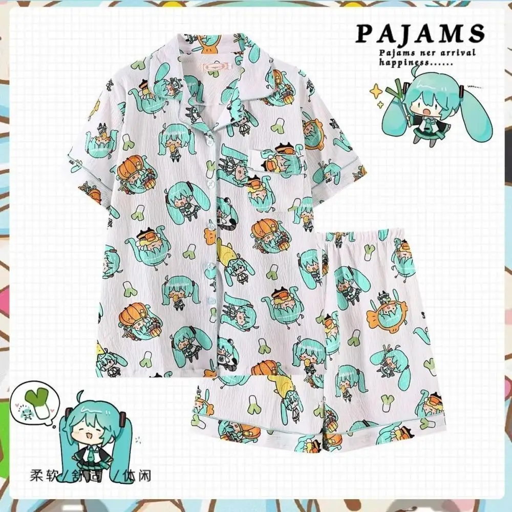 2Pcs Hatsune Miku Women's Pajama Set Summer V-Neck Short-Sleeve Tops and Shorts Japanese Girls Anime Sleepwear Homewear Gifts