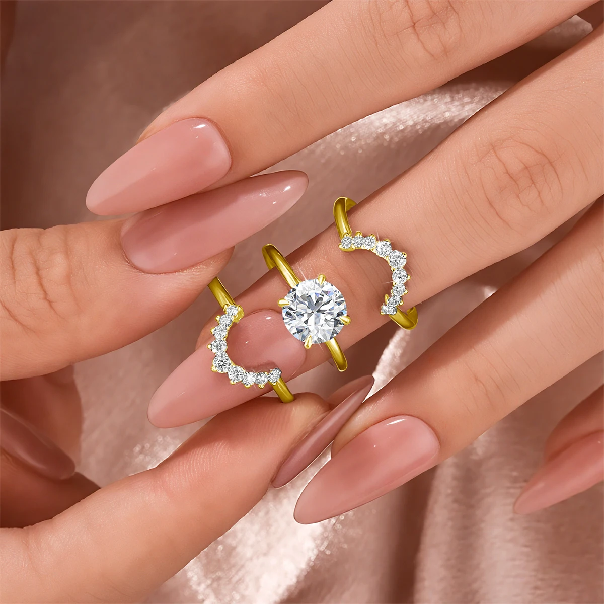 3-teiliges Hochzeitsring-Set für Frauen, 14K Gold gefüllt, runder Schliff, zertifizierter Moissanit, luxuriöser Brautschmuck für die Verlobung. – Detail 2